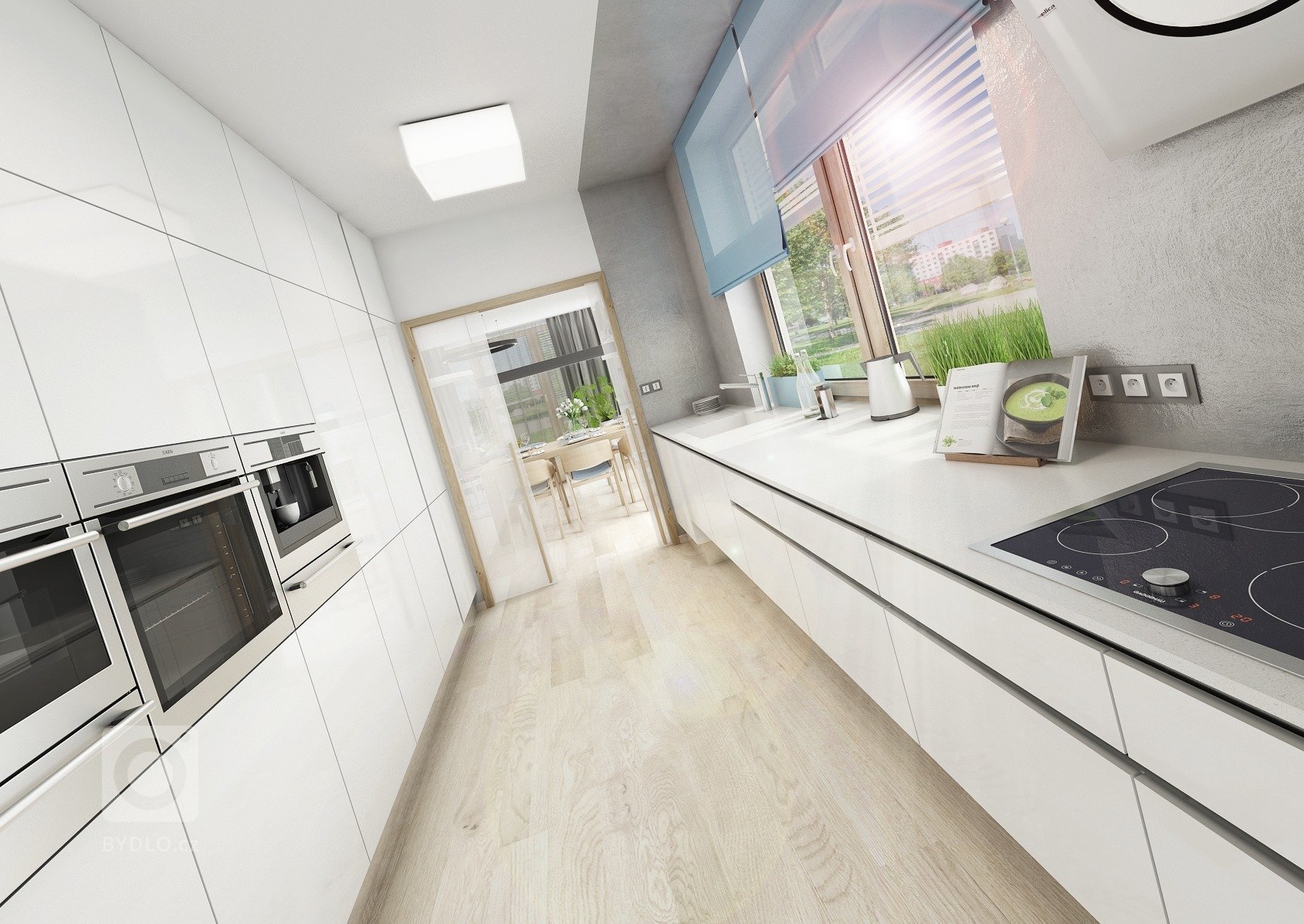 Byt o rozloze 125 m2, v posledním patře nového bytového domu. Materiál přírodního dubu a bílého laku ve vysokém lesku prostupuje celým bytem, doplňuje ho módní…