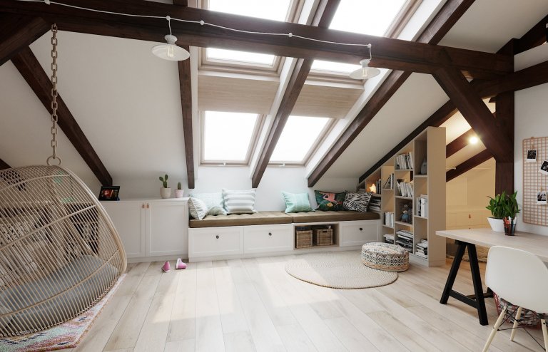 Architektonický návrh dětského pokoje s vlastní koupelnou.
