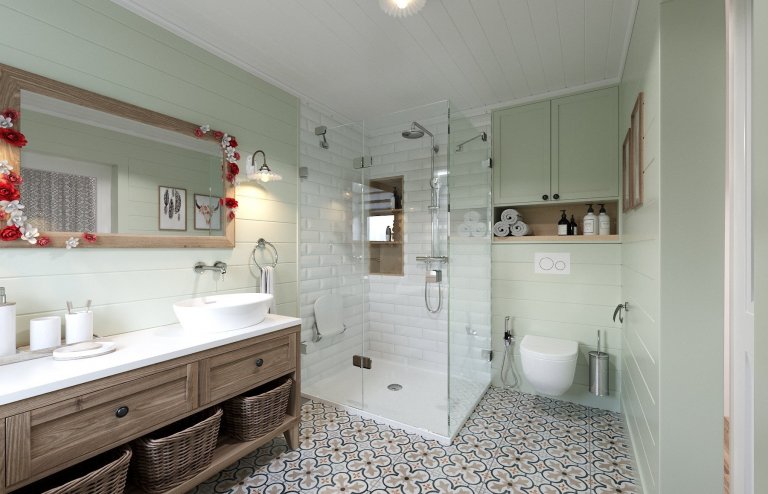 Architektonický návrh dětského pokoje s vlastní koupelnou.
