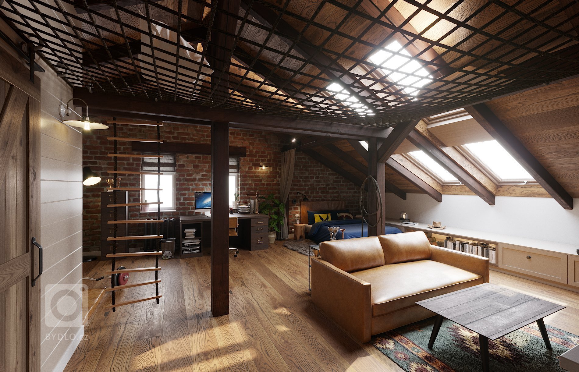 Architektonický návrh dětského pokoje s vlastní koupelnou.
