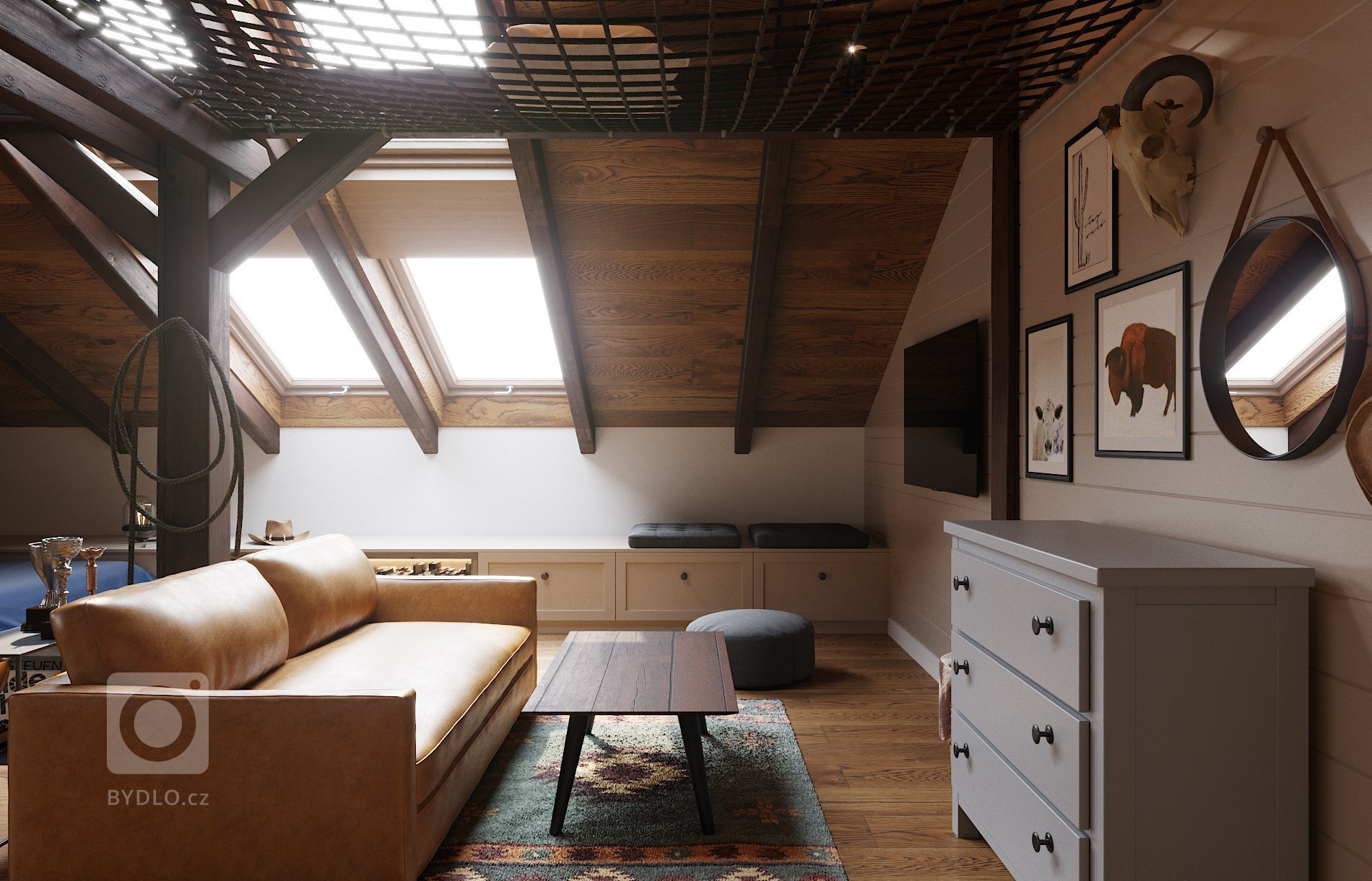 Architektonický návrh dětského pokoje s vlastní koupelnou.
