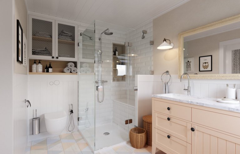 Architektonický návrh dětského pokoje s vlastní koupelnou.
