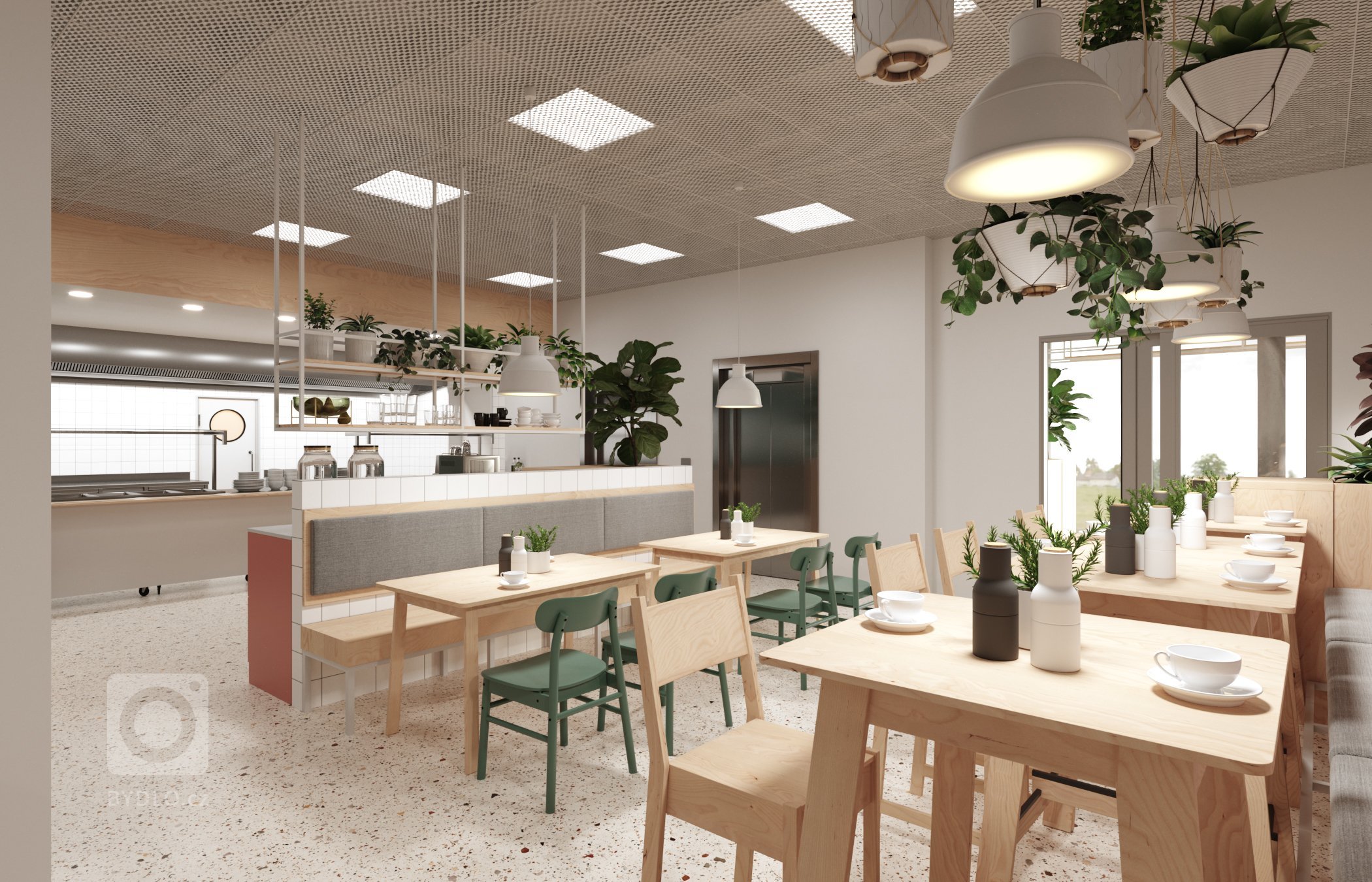 Architektonický návrh jídelny. Vestavba stravovacích prostor pro zaměstnance ve zdravotnickém zařízení. Čistý a jednoduchý design s množstvím rostlin.
…