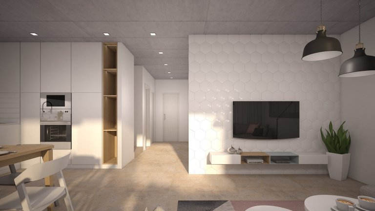 Interirér pro mladý pár nedaleko města Blanska, který si ponechal pohledový beton na stropní konstrukci a teplejší dekor betonové stěrky&nbsp;na podlaze.…