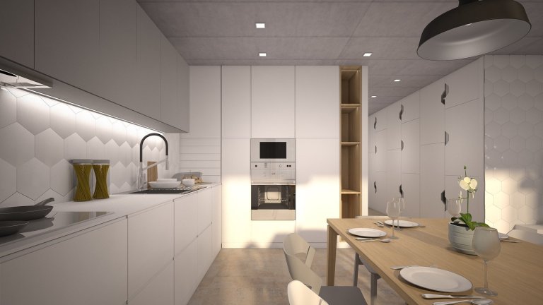 Interirér pro mladý pár nedaleko města Blanska, který si ponechal pohledový beton na stropní konstrukci a teplejší dekor betonové stěrky&nbsp;na podlaze.…