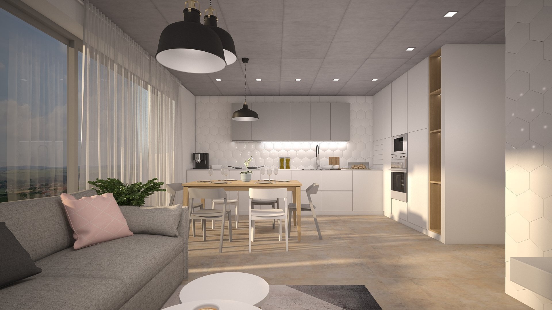 Interirér pro mladý pár nedaleko města Blanska, který si ponechal pohledový beton na stropní konstrukci a teplejší dekor betonové stěrky&nbsp;na podlaze.…