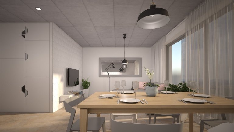 Interirér pro mladý pár nedaleko města Blanska, který si ponechal pohledový beton na stropní konstrukci a teplejší dekor betonové stěrky&nbsp;na podlaze.…