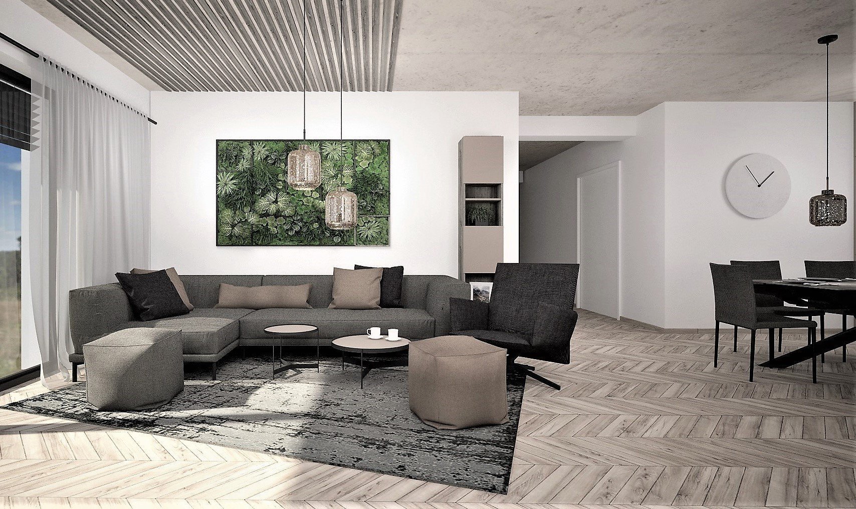 Interiér budoucího domu pro mladý sympatický pár, jehož zadáním bylo, aby interiér byl moderní s použitím odstínů šedé a taupe barvy. Případné barevné oživení…