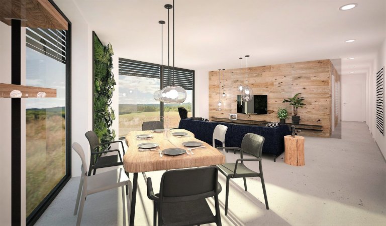 Inteirér je navržen v minimalistickém stylu, kde se skloubí tóny šedé a bílé. Na podlaze pro sjednocení a čistotu prostoru bude epoxidová stěrka, doplňkově…