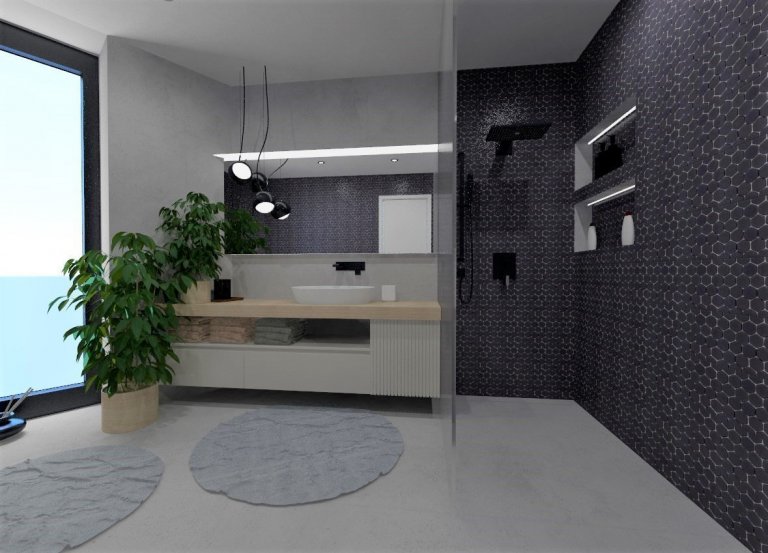 Inteirér je navržen v minimalistickém stylu, kde se skloubí tóny šedé a bílé. Na podlaze pro sjednocení a čistotu prostoru bude epoxidová stěrka, doplňkově…