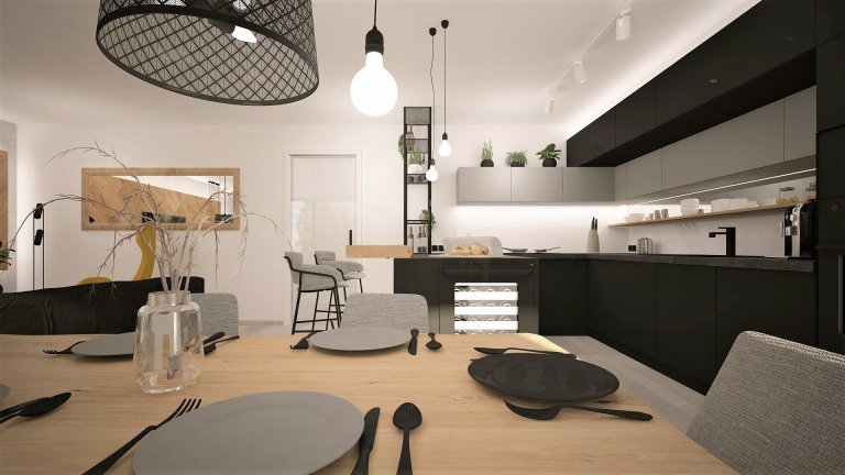Interiér novostavby rodinného domu pro mladý manželský pár, který miluje industriální styl, kontrast a dřevo dub.&nbsp;
