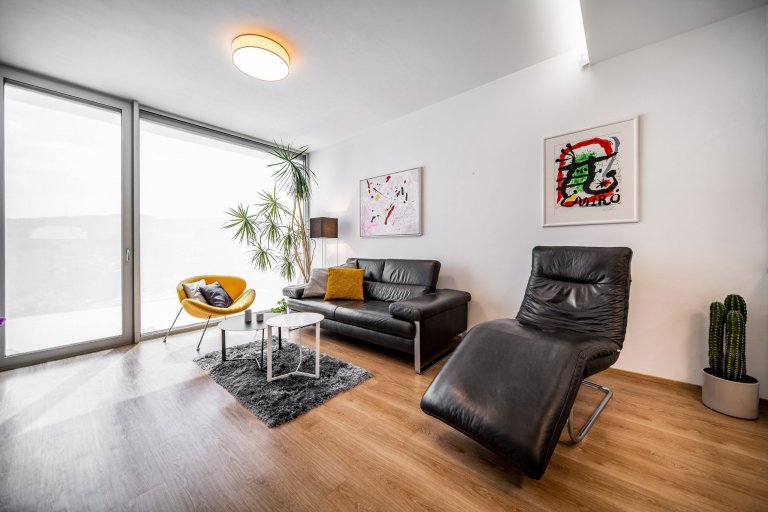 Moderní byt pro manželský pár, který miluje umění.&nbsp; Bytem se prolíná kontrast bílé a antracitu s doplňujícím dubem a betonovými prvky.
