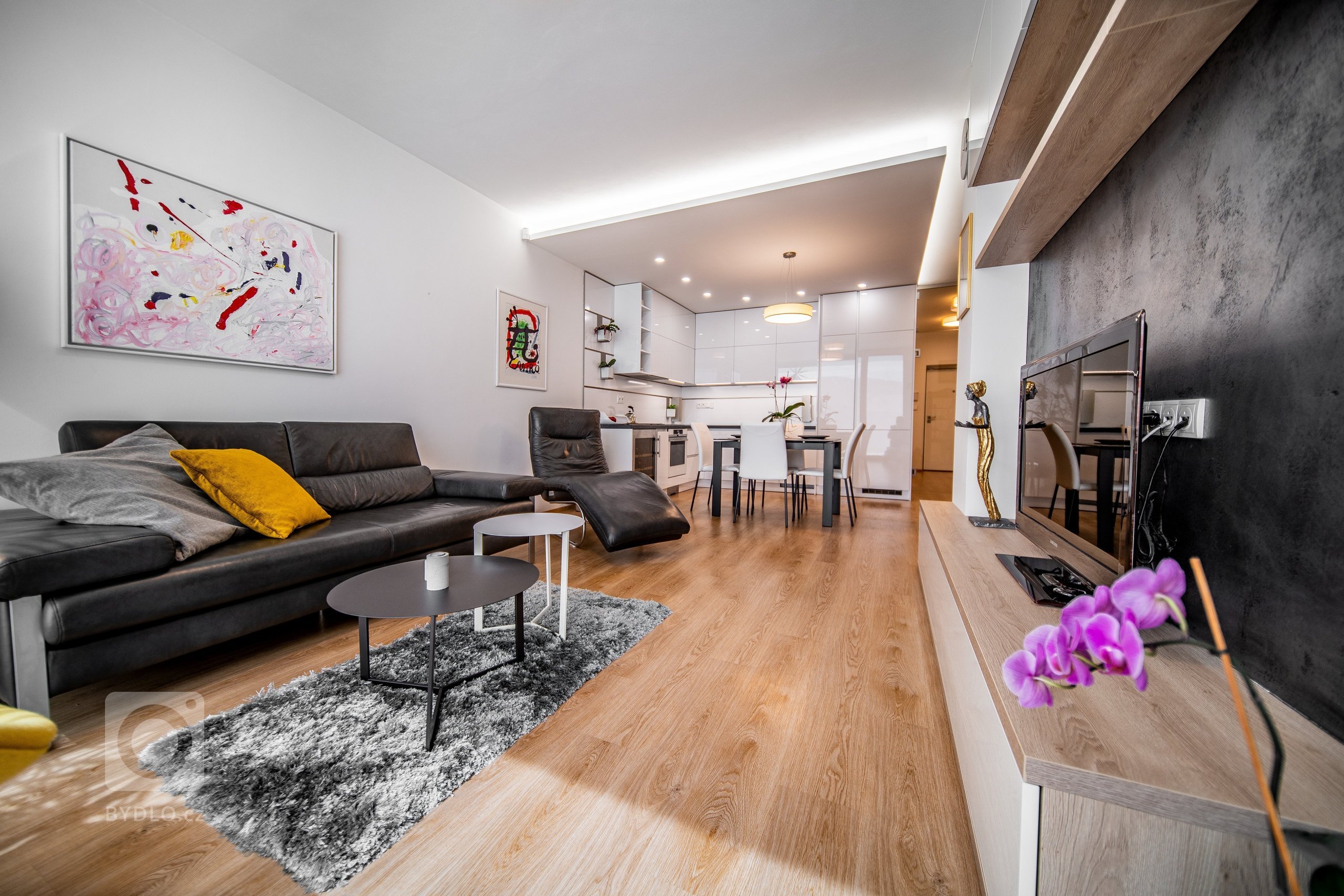 Moderní byt pro manželský pár, který miluje umění.&nbsp; Bytem se prolíná kontrast bílé a antracitu s doplňujícím dubem a betonovými prvky.
