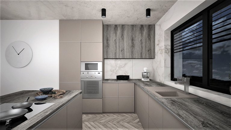 Interiér budoucího domu pro mladý sympatický pár, jehož zadáním bylo, aby interiér byl moderní s použitím odstínů šedé a taupe barvy. Případné barevné oživení…