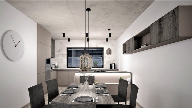 Interiér budoucího domu pro mladý sympatický pár, jehož zadáním bylo, aby interiér byl moderní s použitím odstínů šedé a taupe barvy. Případné barevné oživení…