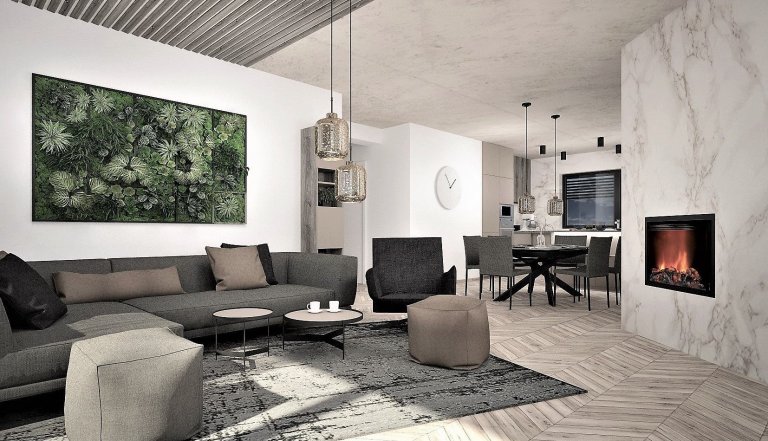 Interiér budoucího domu pro mladý sympatický pár, jehož zadáním bylo, aby interiér byl moderní s použitím odstínů šedé a taupe barvy. Případné barevné oživení…