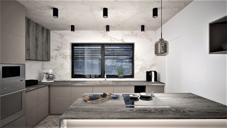 Interiér budoucího domu pro mladý sympatický pár, jehož zadáním bylo, aby interiér byl moderní s použitím odstínů šedé a taupe barvy. Případné barevné oživení…