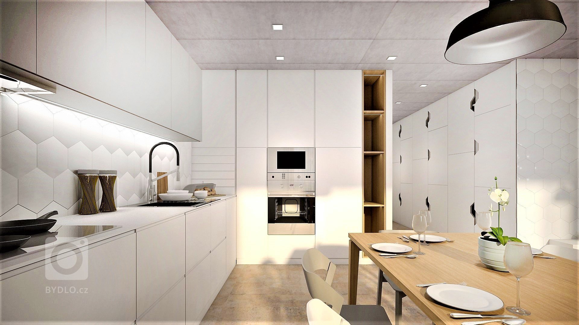 Návrh studie rodinného domu u Prahy. Dům bude v nízkoenergetickém standartu. Kombinace bílé omítky s obkladem sibiřského modřínu.
