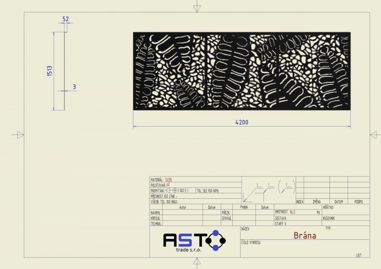 Dodání a montáž designové výplně do již zhotovené brány.

Výplň vyrobena z hliníkového plechu o síle 3mm.
