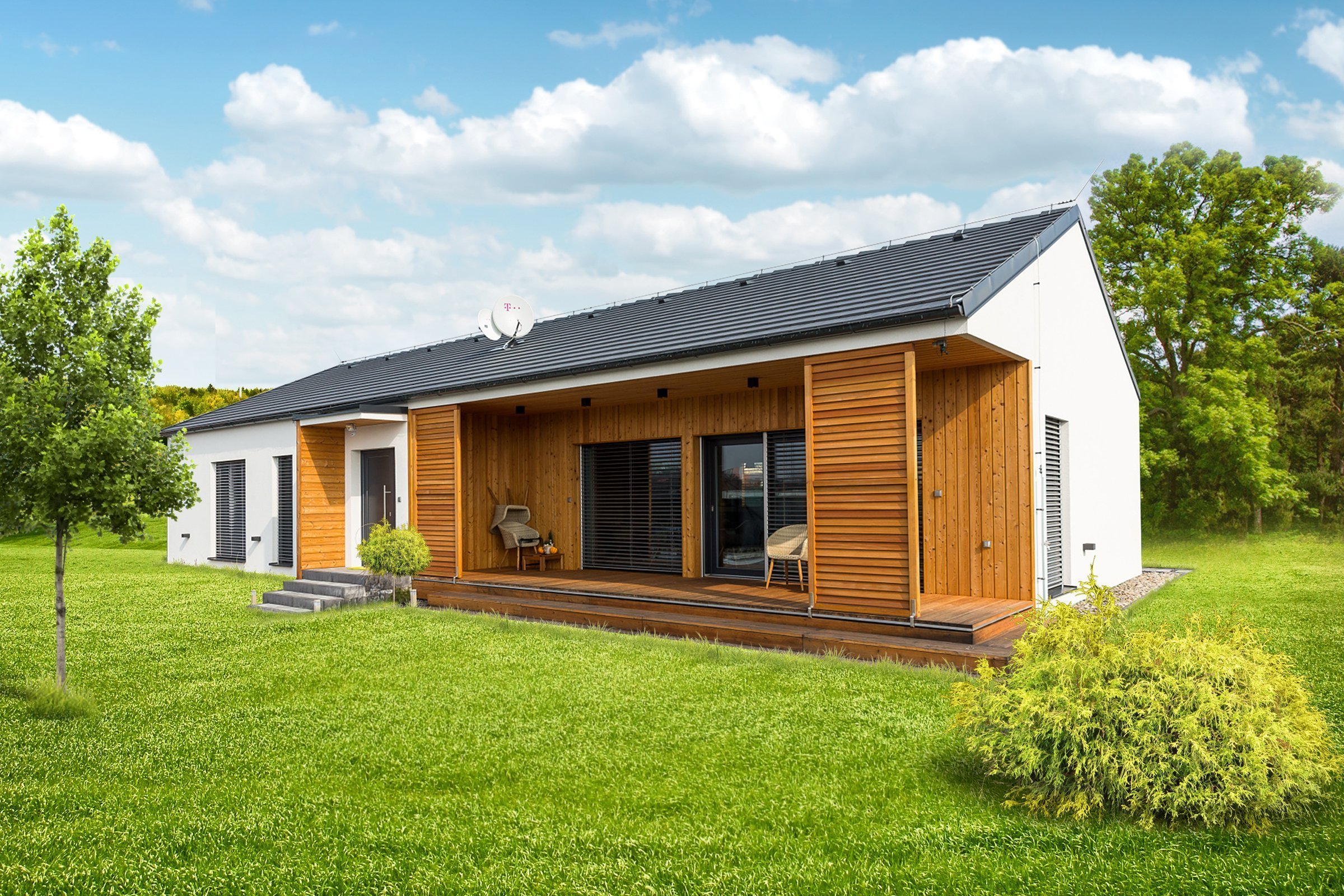 Zajímavý dům&nbsp;pro čtyřčlennou rodinu.&nbsp;Kuchyň s ostrůvkem na varnou desku sousedí s velkorysým obývacím pokojem s velkými prosklenými okny. V domě jsou…