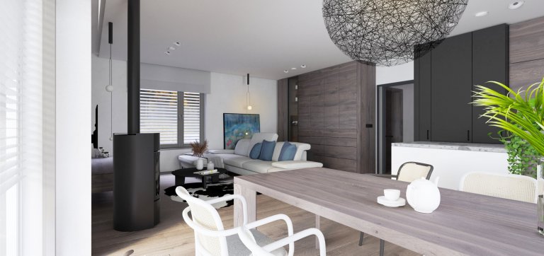 &nbsp;

Základ návrhu vychází z celkového sladění temnějších barev v podobě netradiční, hebké, kouřové dubové dýhy a vyvažující bílé či světlé barevnosti.…