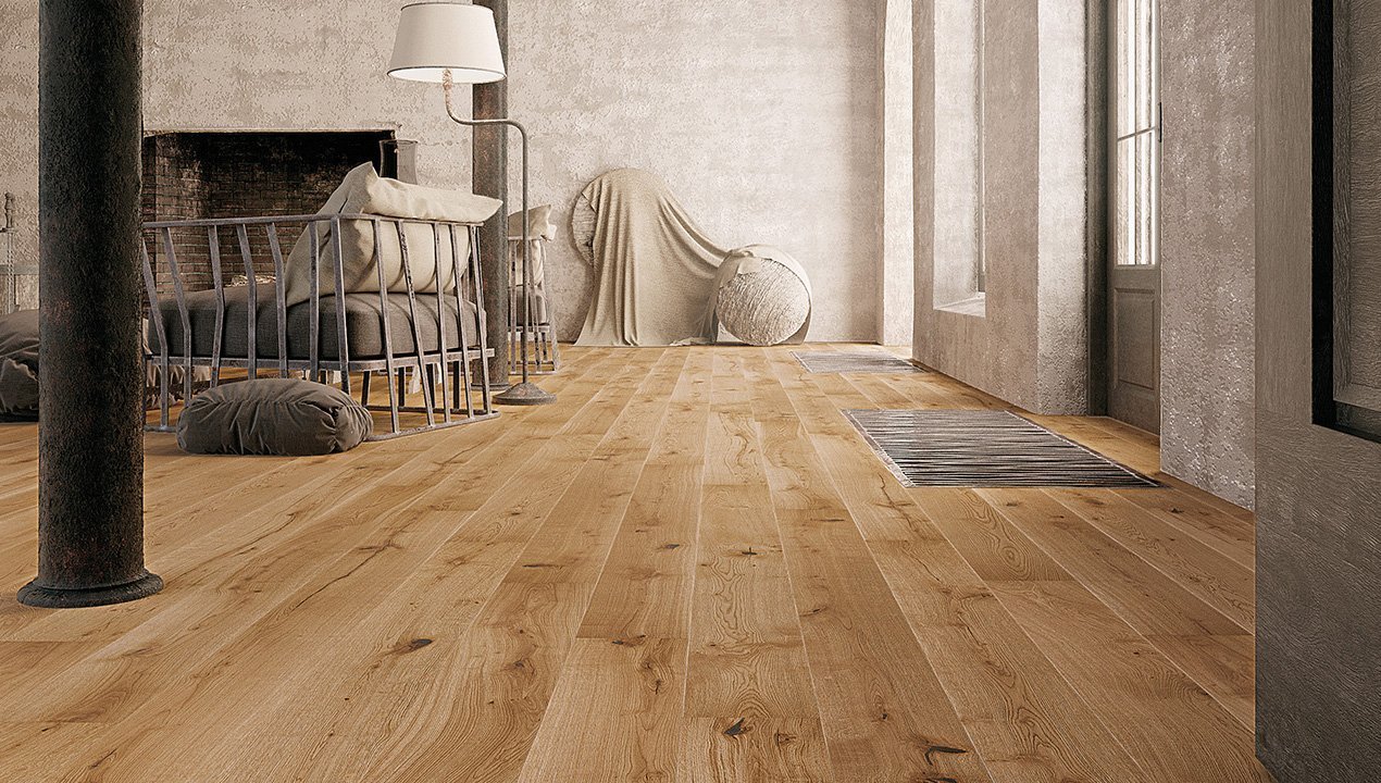 Dubová podlaha s 2x frézovanými hranami potažená bezbarvým přírodním olejem&nbsp;v interiéru&nbsp;rodinného domu v Praze.
