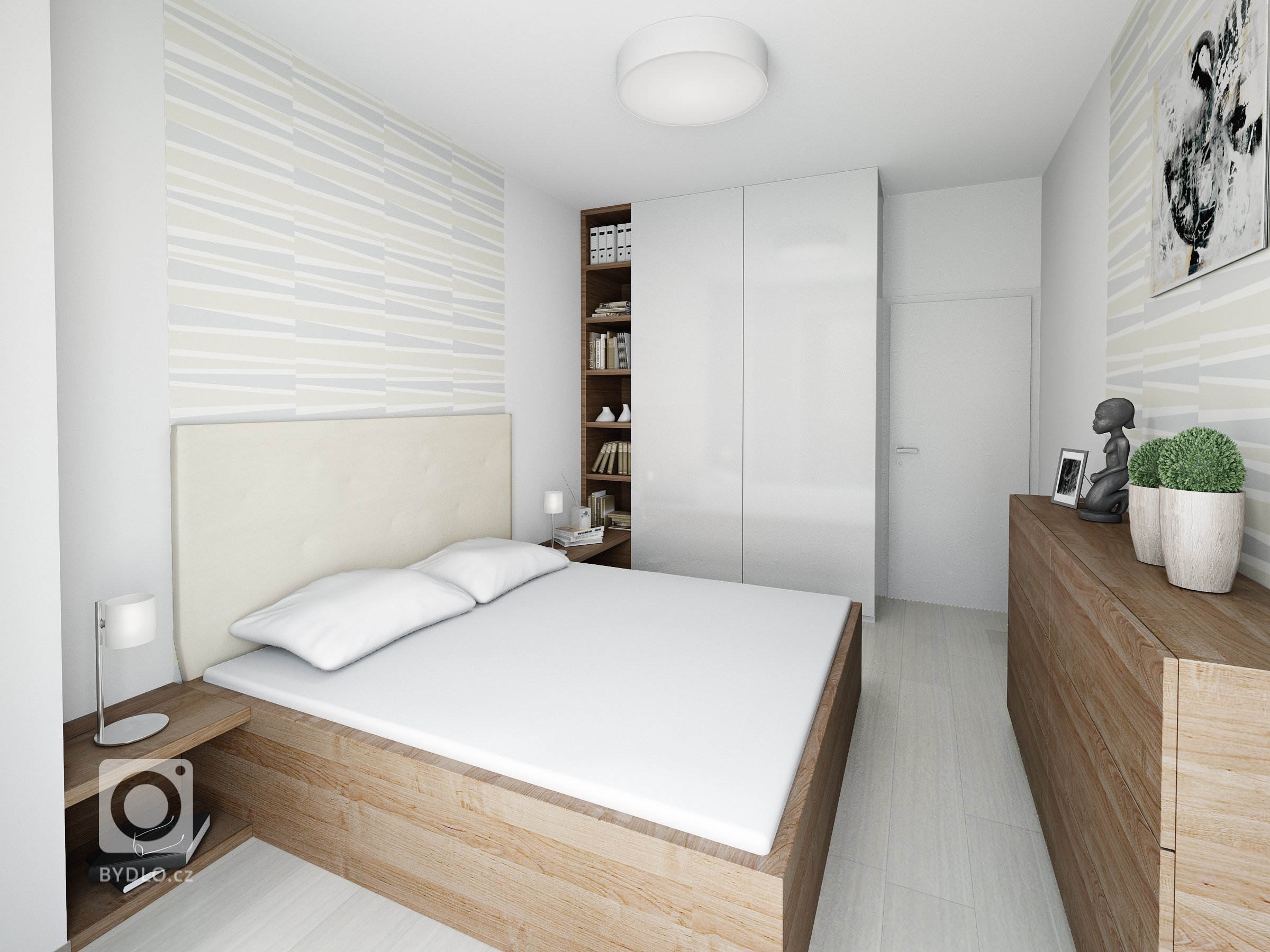 Vizualizace bytu 2+kk v připravované novostavbě bytového domu v Kroměříži. Celý byt je laděný do přírodních tónů. Použité materiály - bílý lak v kombinaci s…