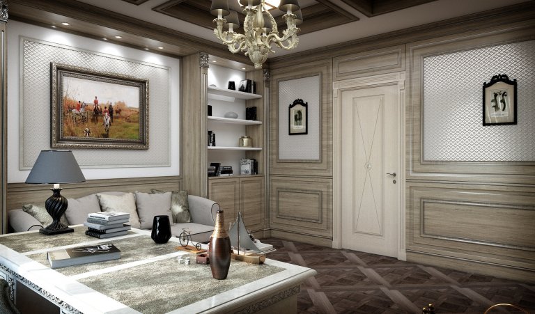 Privátní rezidence je řešená v klasickém stylu. Dřevěné obložení stěn &quot;boiserie&quot; přidává interiérům nádech luxusu, ale zároveň nepůsobí těžce díky…