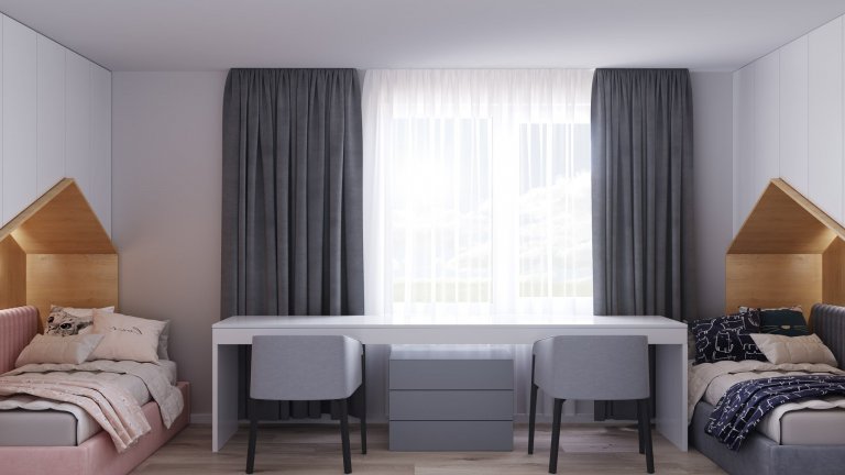 Návrh interiéru detskej izby pre dve deti s farebným rozdelením, ladený do kombinácie bielej farby a dreva. Rozdelenie sme dosiahli rozdielnou farebnou…