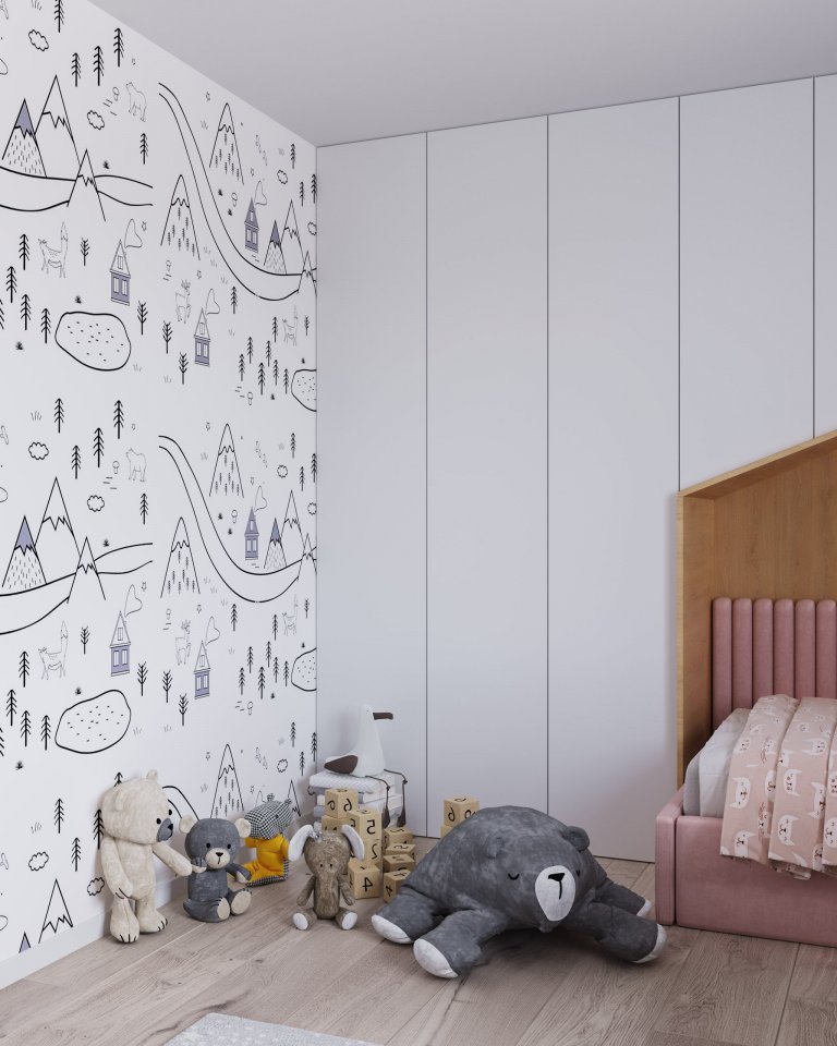 Návrh interiéru detskej izby pre dve deti s farebným rozdelením, ladený do kombinácie bielej farby a dreva. Rozdelenie sme dosiahli rozdielnou farebnou…