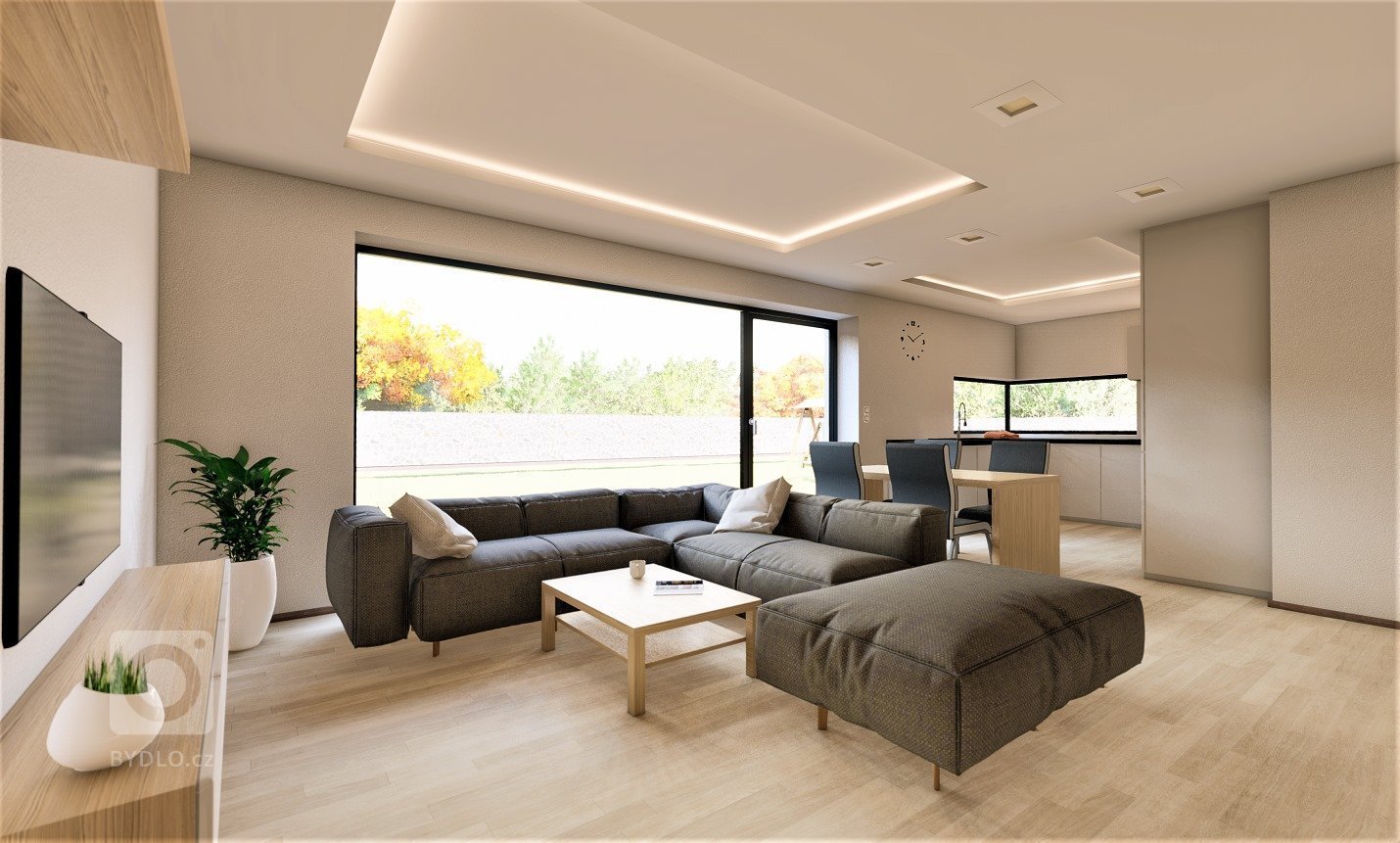 Moderní kuchyně s obývacím pokojem a krbem