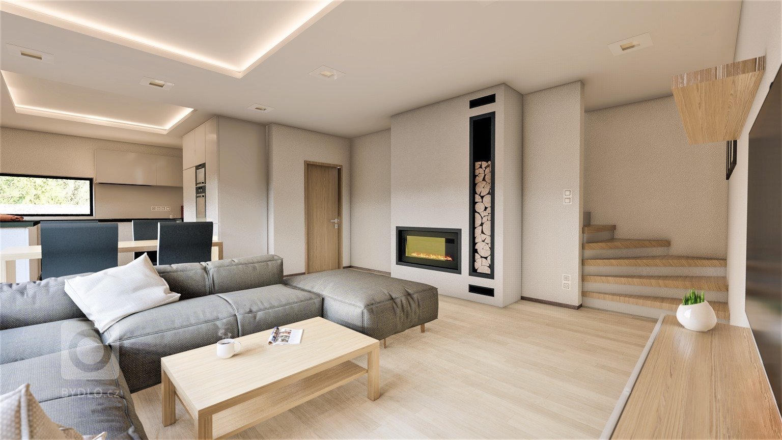 Moderní kuchyně s obývacím pokojem a krbem