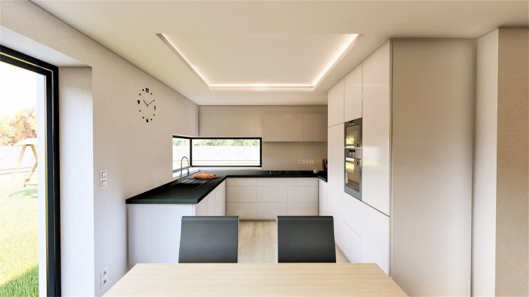 Moderní kuchyně s obývacím pokojem a krbem