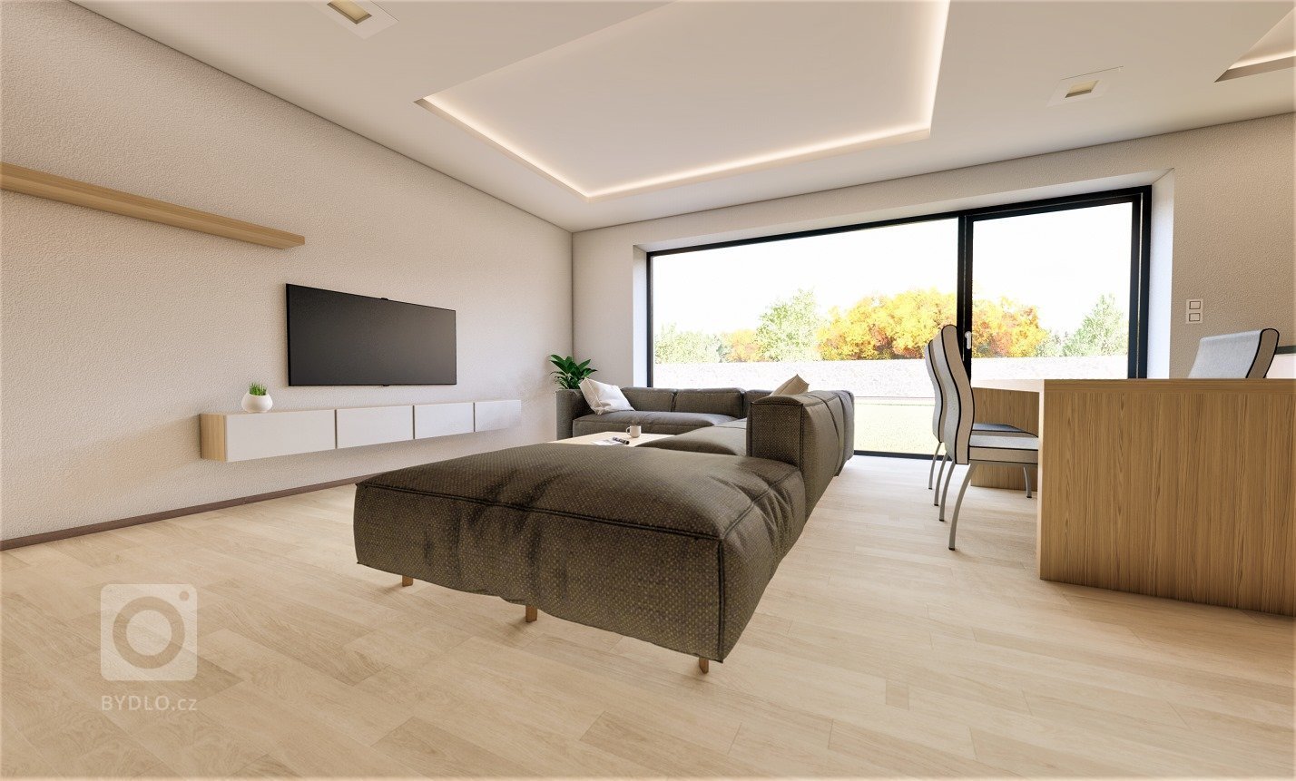 Moderní kuchyně s obývacím pokojem a krbem