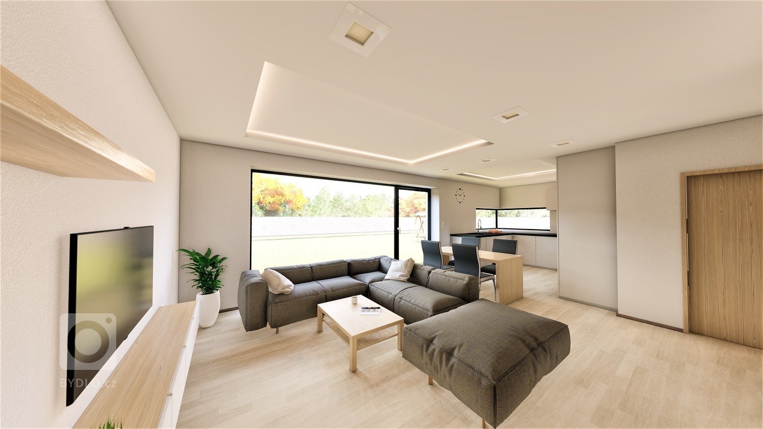 Moderní kuchyně s obývacím pokojem a krbem