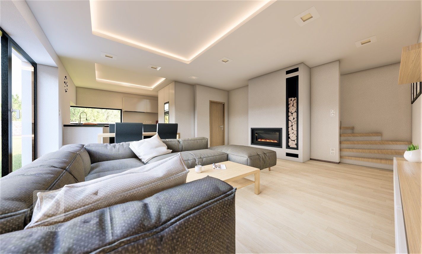 Moderní kuchyně s obývacím pokojem a krbem