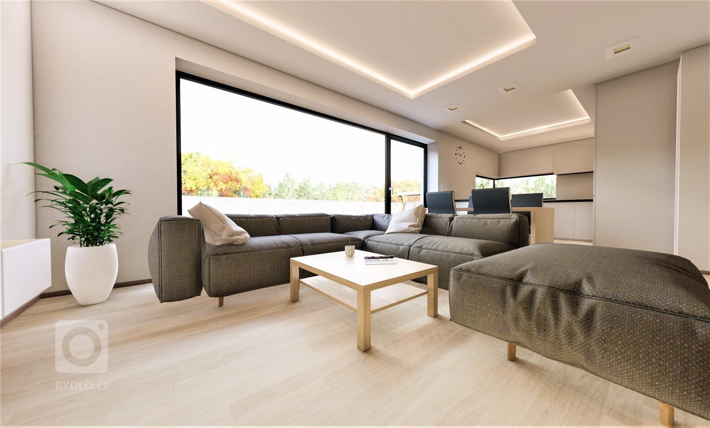 Moderní kuchyně s obývacím pokojem a krbem