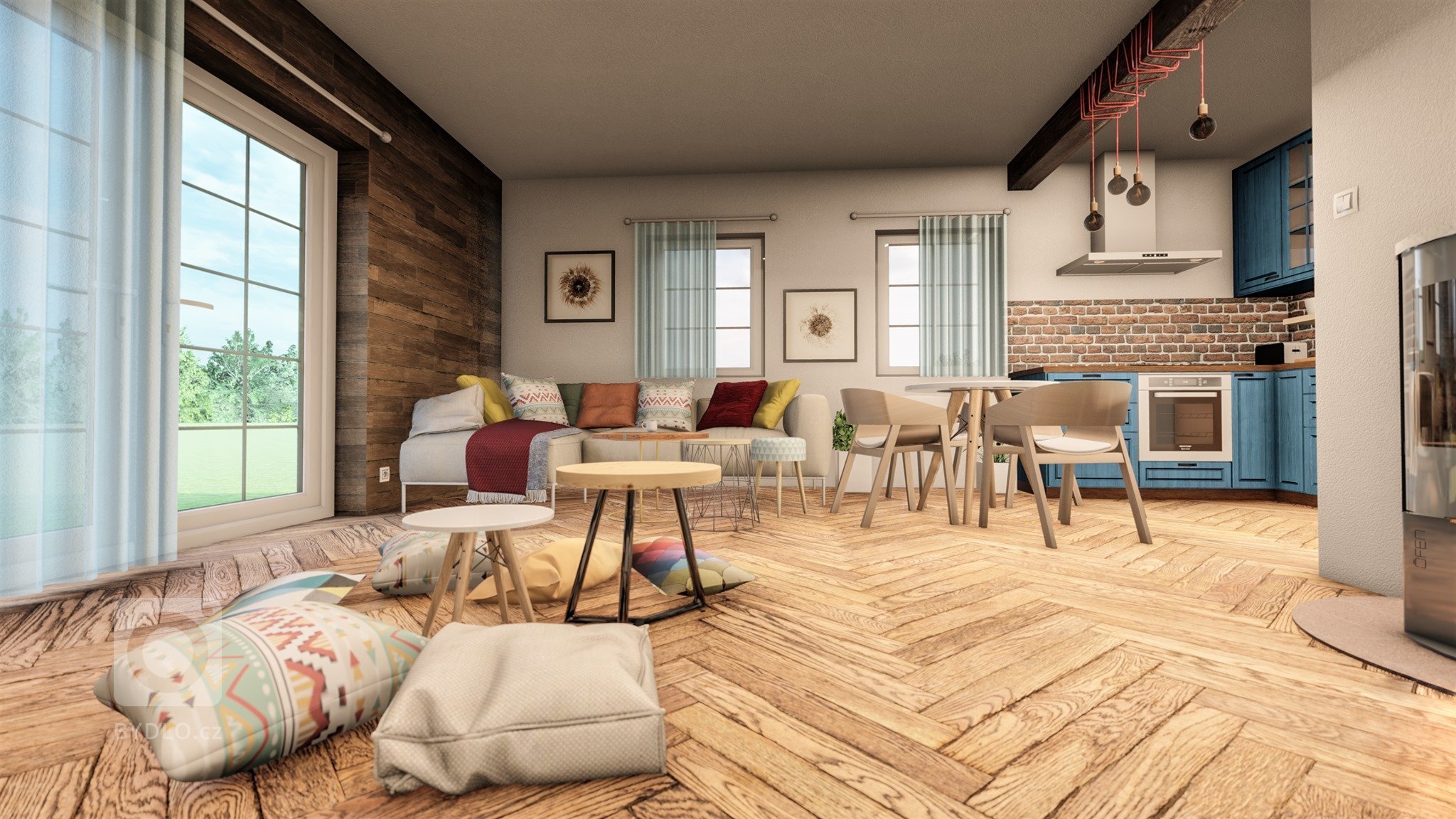 Pro klienta do novostavby jsme vytvořili vizualizaci s netradiční modrou kuchyní. Pokoj působí velmi harmonicky a útulně. Na stěnách můžeme najít keramickou…