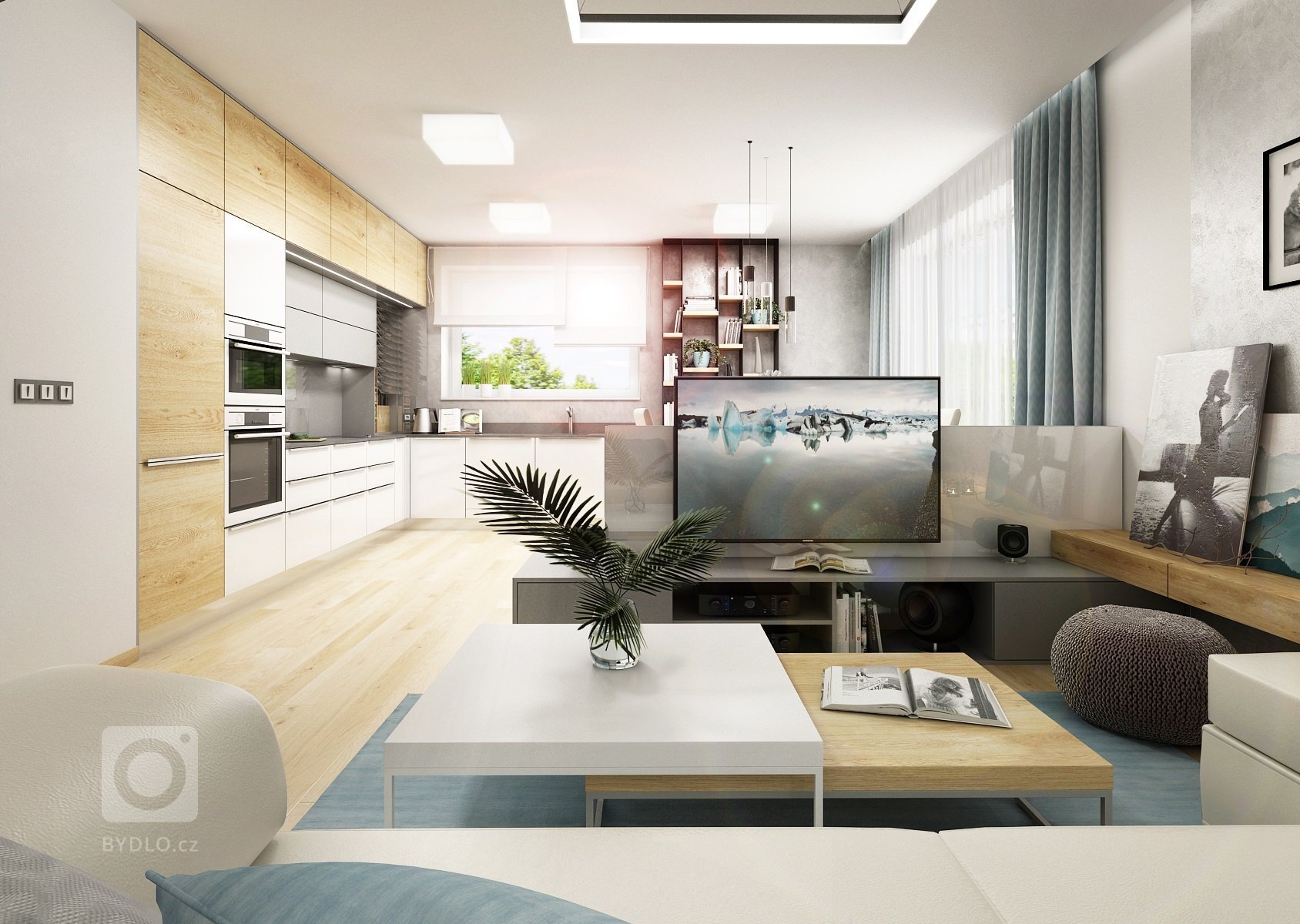 Návrh třípokojového bytu s&nbsp;kuchyní je ve světlých odstínech šedé a přírodního dubu s&nbsp;bílou. V&nbsp;kontrastu se objevuje barva antracitová např.…