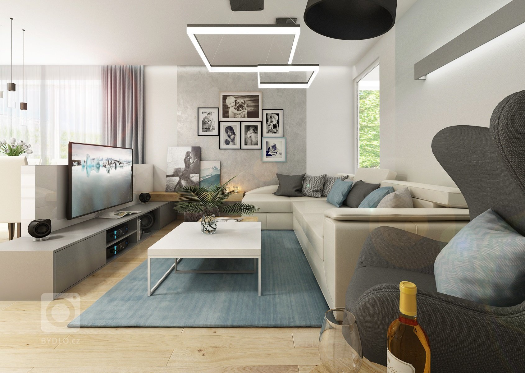 Návrh třípokojového bytu s&nbsp;kuchyní je ve světlých odstínech šedé a přírodního dubu s&nbsp;bílou. V&nbsp;kontrastu se objevuje barva antracitová např.…