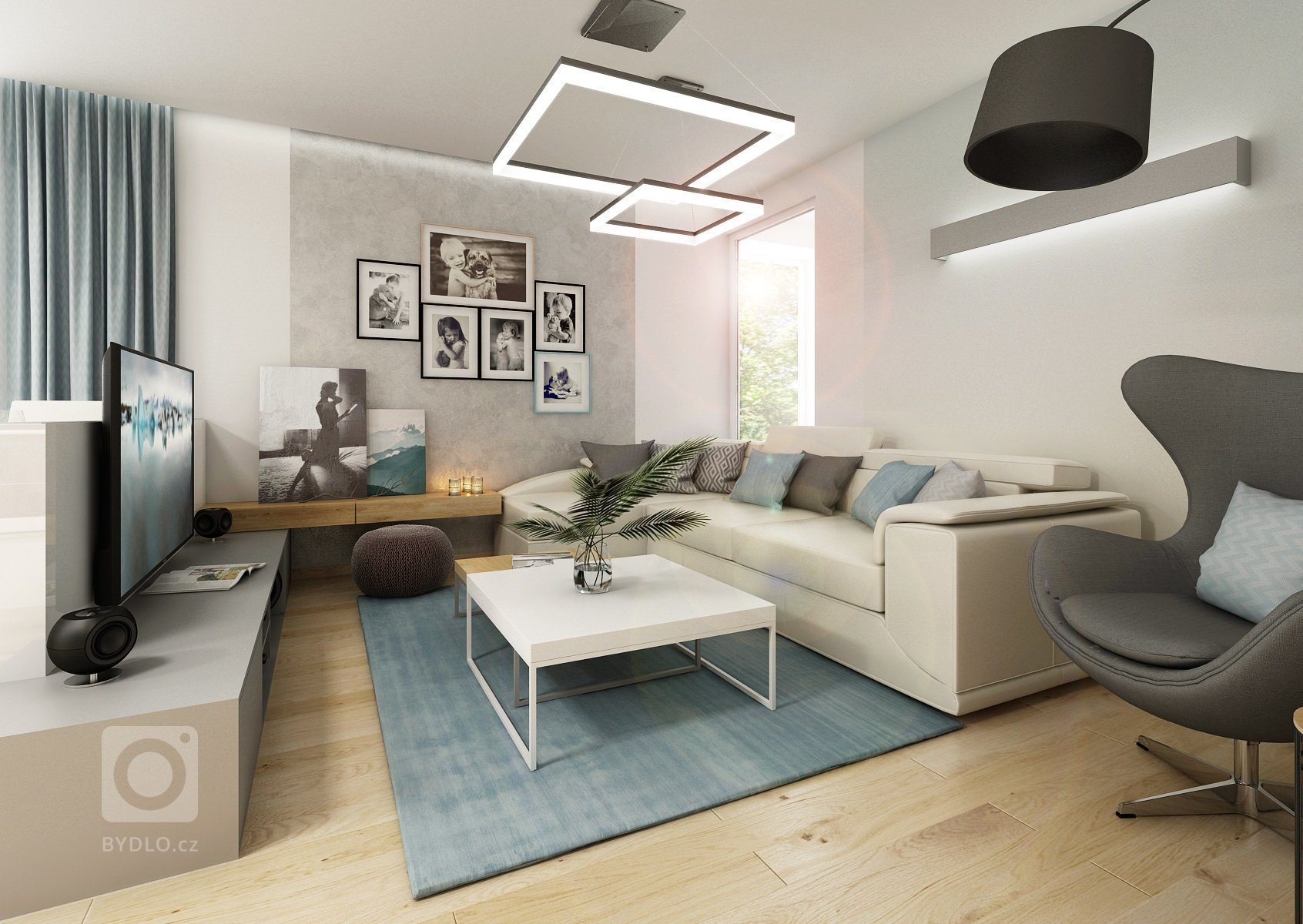 Návrh třípokojového bytu s&nbsp;kuchyní je ve světlých odstínech šedé a přírodního dubu s&nbsp;bílou. V&nbsp;kontrastu se objevuje barva antracitová např.…