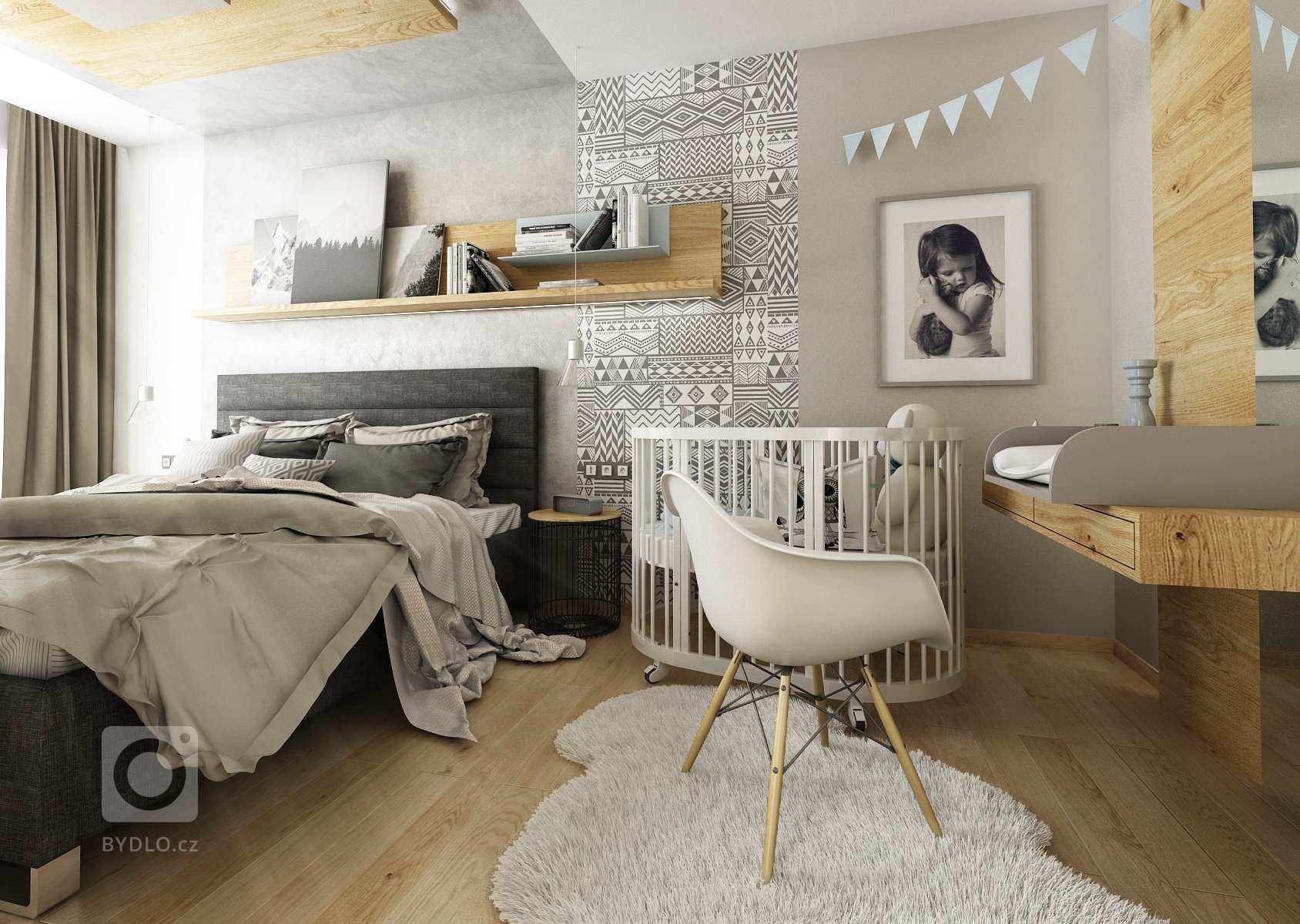 Návrh třípokojového bytu s&nbsp;kuchyní je ve světlých odstínech šedé a přírodního dubu s&nbsp;bílou. V&nbsp;kontrastu se objevuje barva antracitová např.…