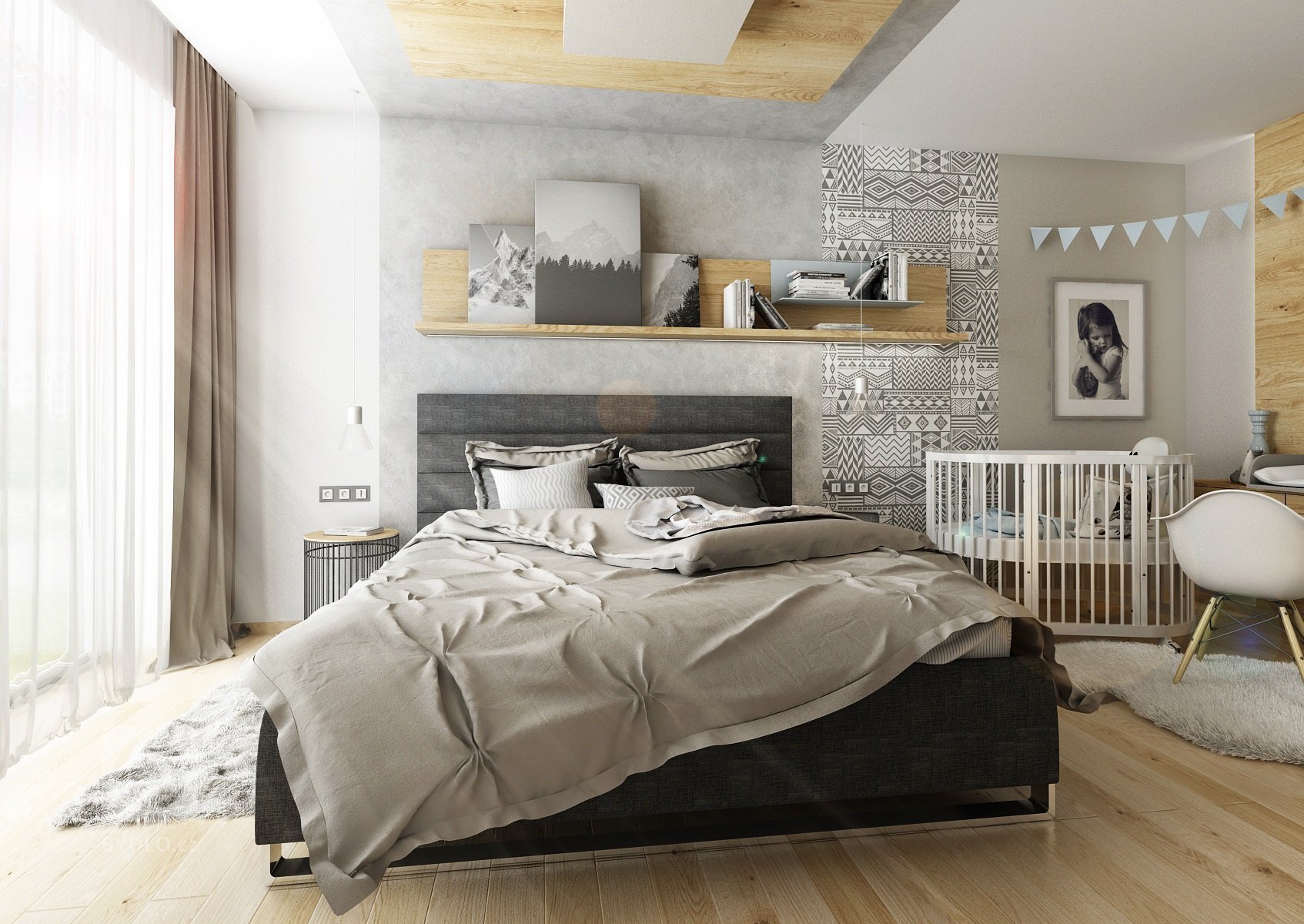 Návrh třípokojového bytu s&nbsp;kuchyní je ve světlých odstínech šedé a přírodního dubu s&nbsp;bílou. V&nbsp;kontrastu se objevuje barva antracitová např.…