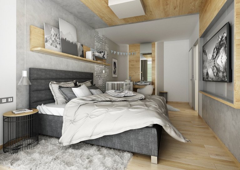 Návrh třípokojového bytu s&nbsp;kuchyní je ve světlých odstínech šedé a přírodního dubu s&nbsp;bílou. V&nbsp;kontrastu se objevuje barva antracitová např.…