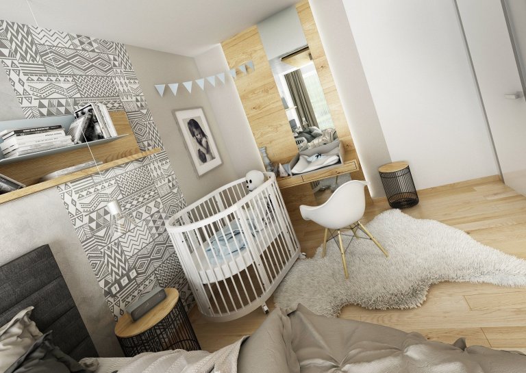 Návrh třípokojového bytu s&nbsp;kuchyní je ve světlých odstínech šedé a přírodního dubu s&nbsp;bílou. V&nbsp;kontrastu se objevuje barva antracitová např.…