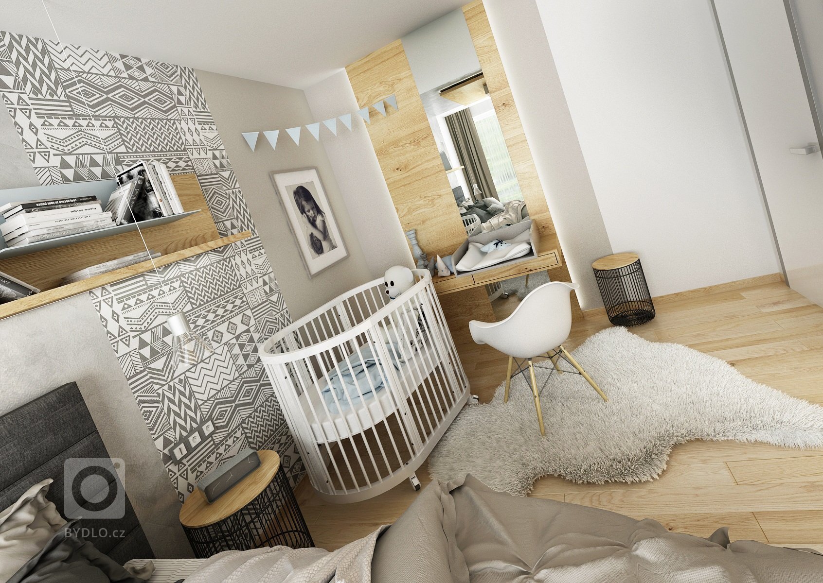 Návrh třípokojového bytu s&nbsp;kuchyní je ve světlých odstínech šedé a přírodního dubu s&nbsp;bílou. V&nbsp;kontrastu se objevuje barva antracitová např.…