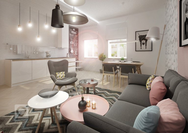Minimalistický skandinávský design v&nbsp;netradičně řešené kuchyni s&nbsp;jídelnou a obývacím pokojem v&nbsp;jednom. Podlaha parkety bělený dub, přírodní dub,…