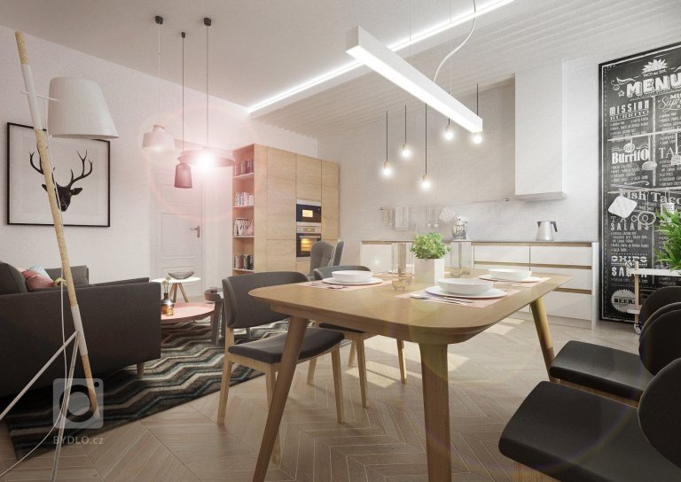 Minimalistický skandinávský design v&nbsp;netradičně řešené kuchyni s&nbsp;jídelnou a obývacím pokojem v&nbsp;jednom. Podlaha parkety bělený dub, přírodní dub,…