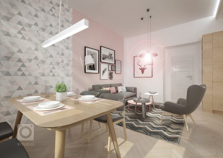 Minimalistický skandinávský design v&nbsp;netradičně řešené kuchyni s&nbsp;jídelnou a obývacím pokojem v&nbsp;jednom. Podlaha parkety bělený dub, přírodní dub,…