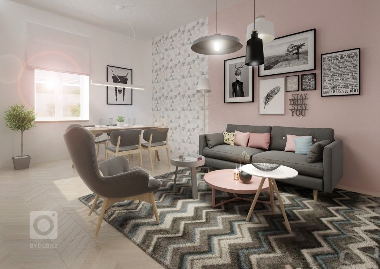 Minimalistický skandinávský design v&nbsp;netradičně řešené kuchyni s&nbsp;jídelnou a obývacím pokojem v&nbsp;jednom. Podlaha parkety bělený dub, přírodní dub,…